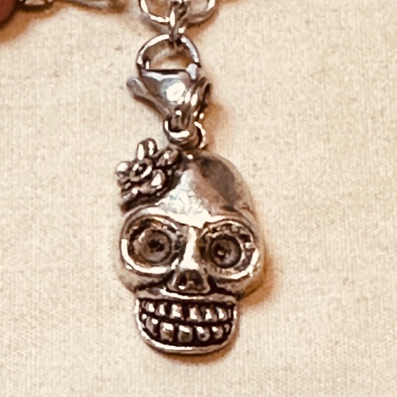 Stainless Steel Chain Link Bracelet Removable Skull Charms Round Rhodonite Beads - Picture 6 of 8